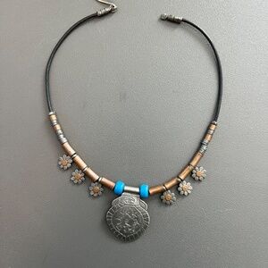 Vintage Alush Jerusalem Leather/Pewter/Copper Signed Necklace 16"
